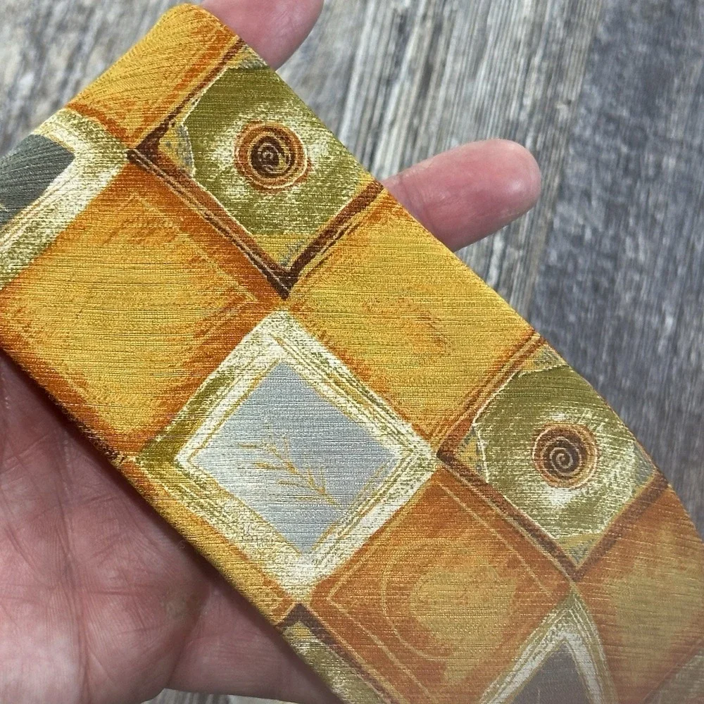 Ermenegildo Zegna 100% Silk‎ Tie Geometric Square Pattern Gold Orange Gray Italy